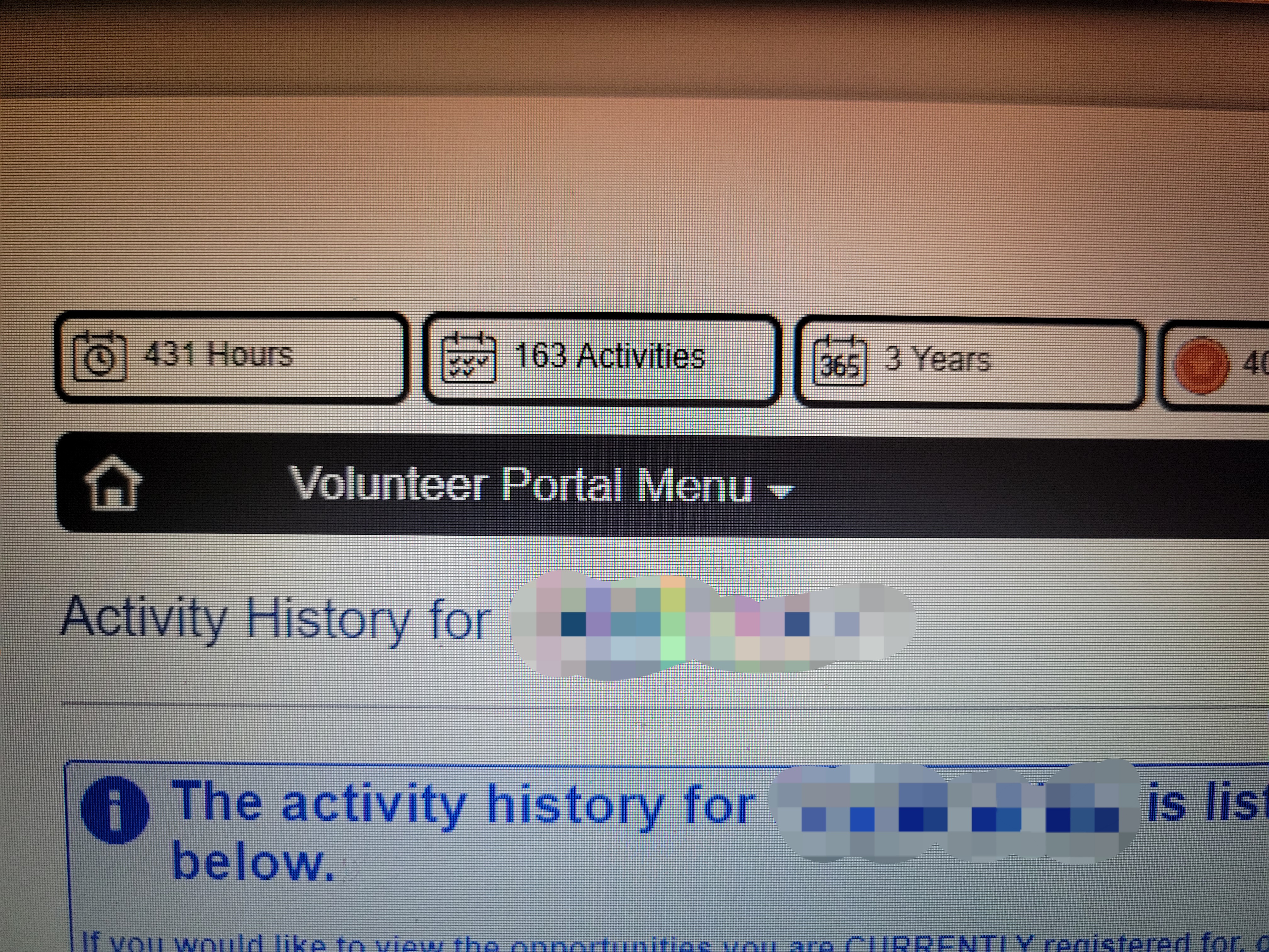Volunteer portal menu with 431 hours listed on it.